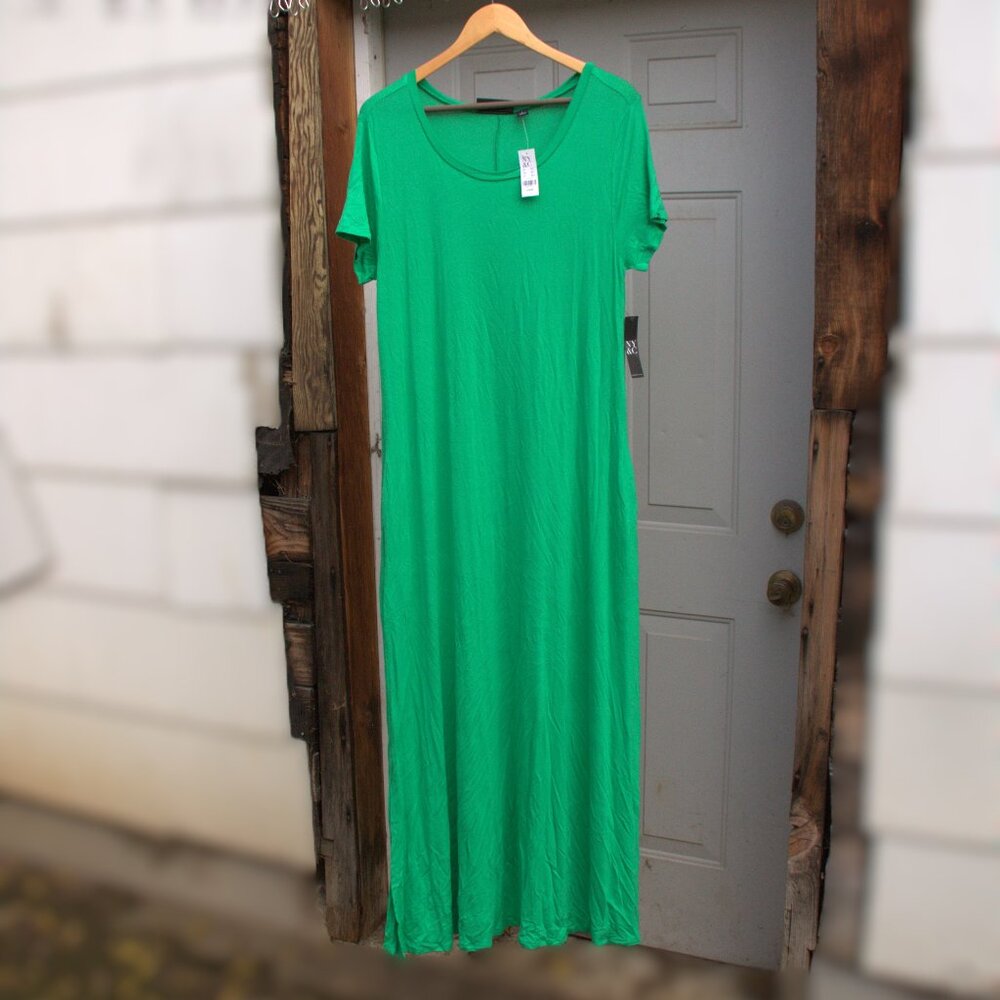 New York & Company Short Sleeve Side Slit Green T-shirt Maxi Dress L